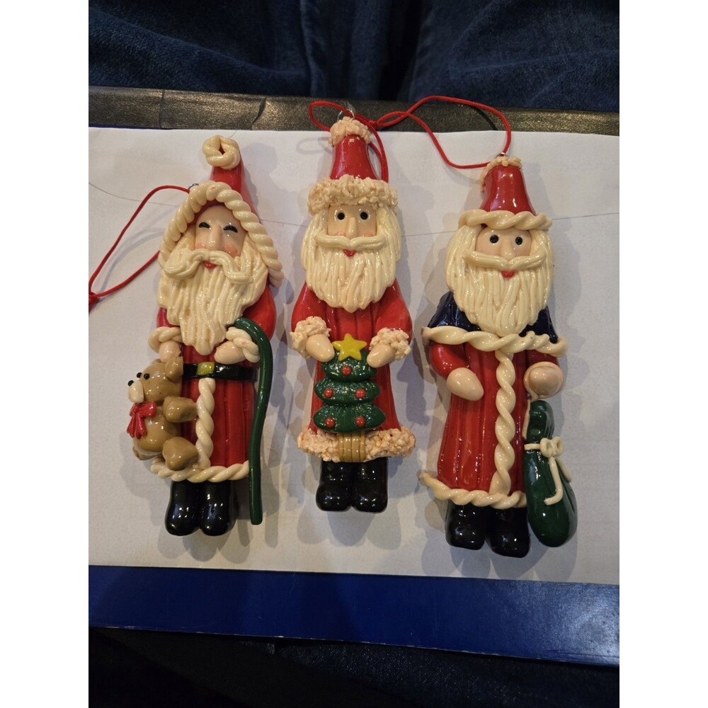 Lot 3 Thin Vintage Santa Elongated Christmas Ornaments Polymer Spaghetti Clay